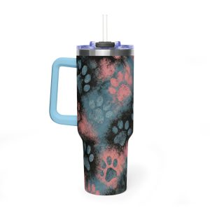 40oz Paw Print Vacuum Tumbler — Insulated Travel Mug with Handle, Pink & Teal Tie-Dye